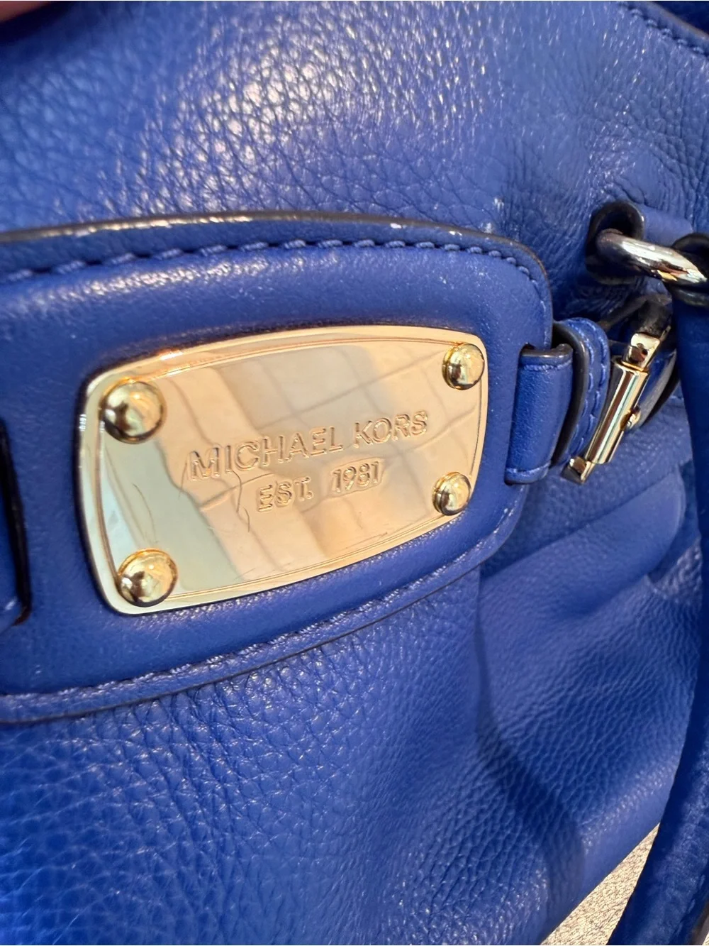 Michael Kors Cobalt Blue Large Hamilton Satchel, Crossbody Strap Gold Hardware.